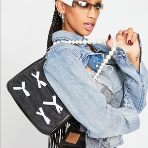 Luxurious Life Ruched Shoulder Bag Black Bows Pearls Dolls Kill